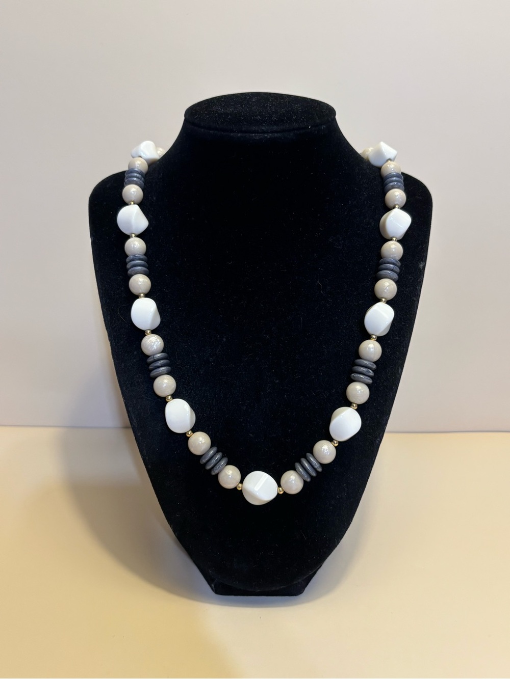 Trifari Classic White, Gray and Tan Beaded Necklace 24”